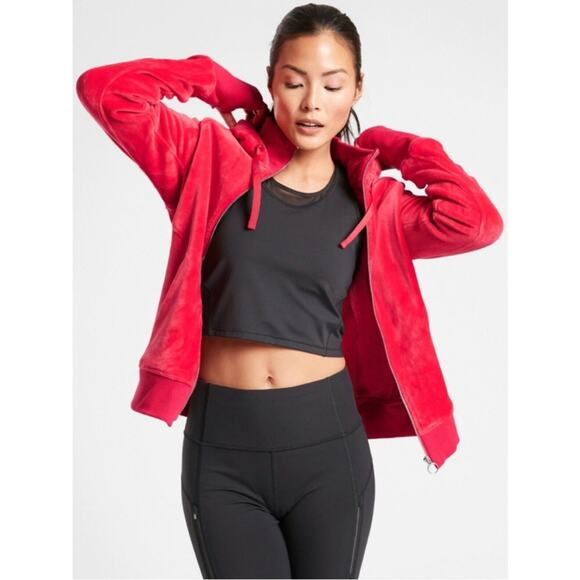 Athleta Triumph Hoodie Double Cozy Karma Fleece Athleisure Hibiscus Red Size XXS - Picture 2 of 10